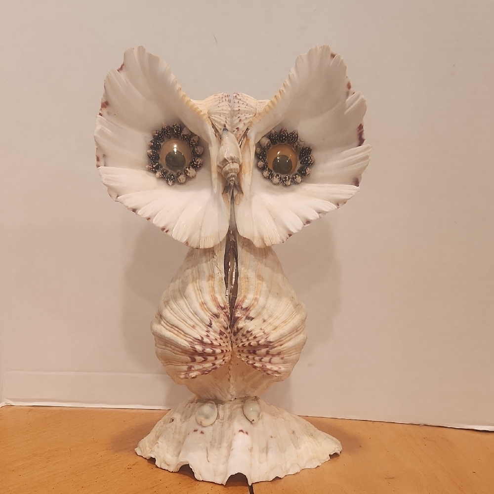 Handcrafted White Shell Owl Sculpture - Coastal Decorative Accent